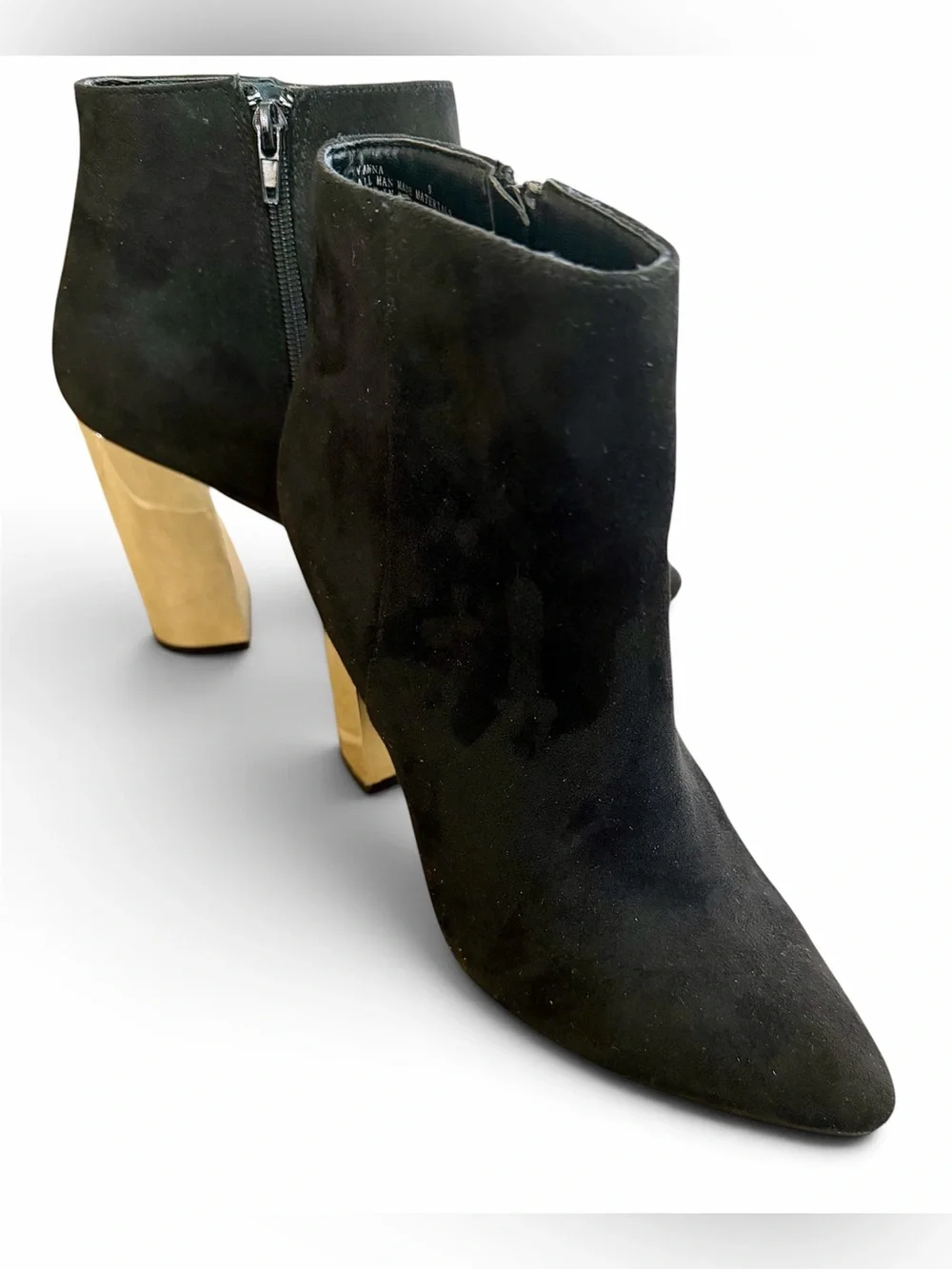 Boutique Ankle Booties Gold Mirror Block Heel Faux Suede Women’s Size 9